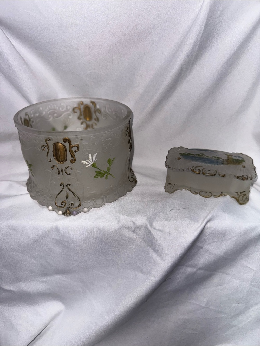 Antique hand painted glass dresser jar set